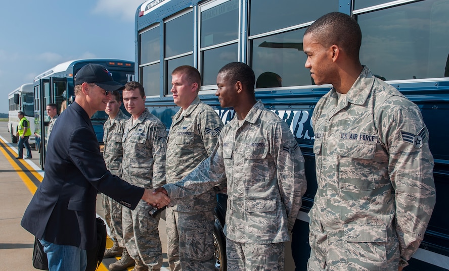 Gary Sinise, founder of the Lt. Dan Band, meets Airmen from Moody Air Force Base, Ga., Sept. 15, 2013. The Lt. Dan Band travels to perform for military members all over the world. (U.S. Air Force photo by Airman Alexis Grotz/Released)