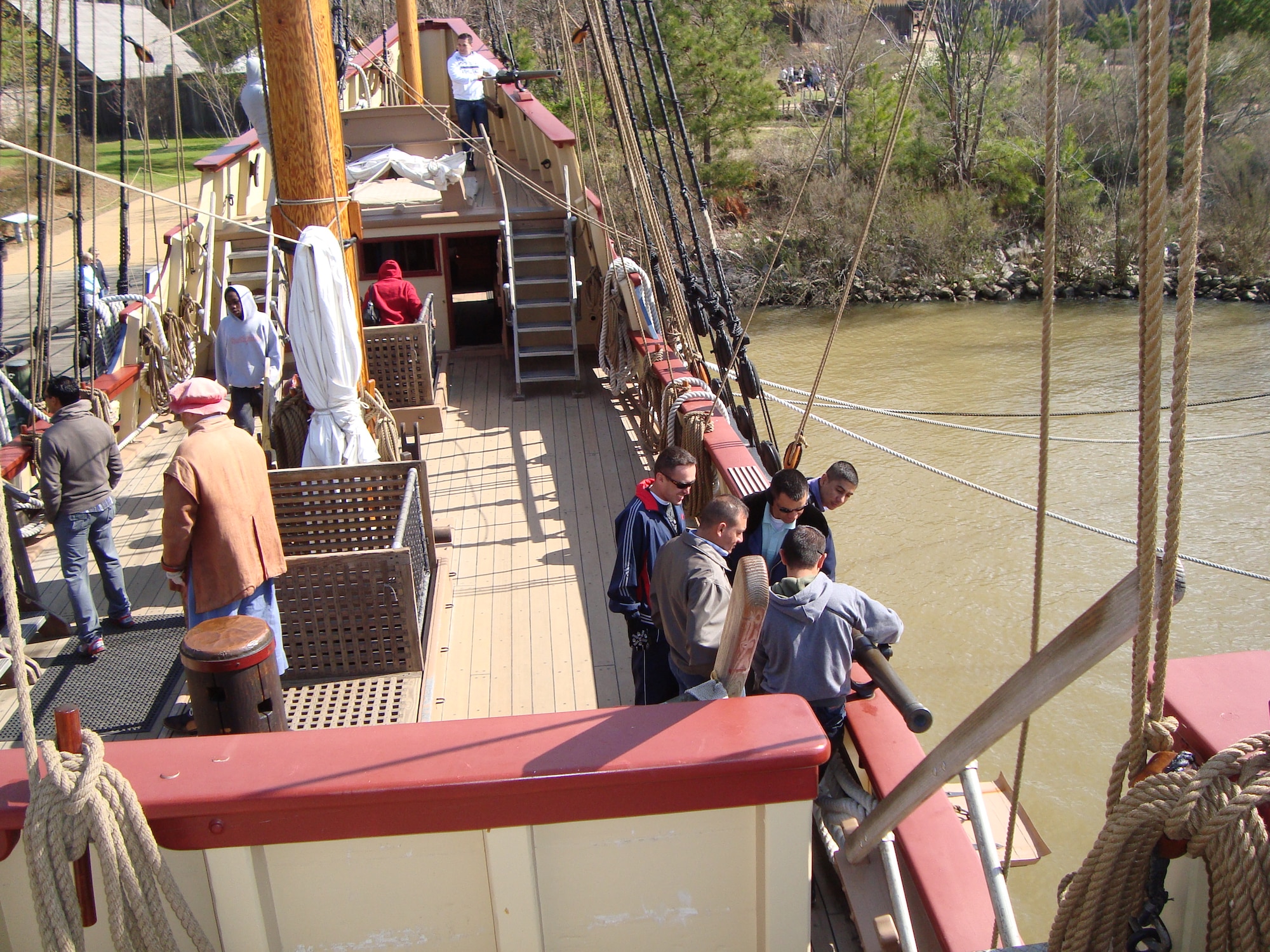 Foreign students walk around an antique ship in Jamestown County, Va., during a guided tour April 4, 2011. The purpose of exposing the students to American culture is to improve morale and have them experience the American lifestyle and history first-hand. (U.S. Army courtesy photo)