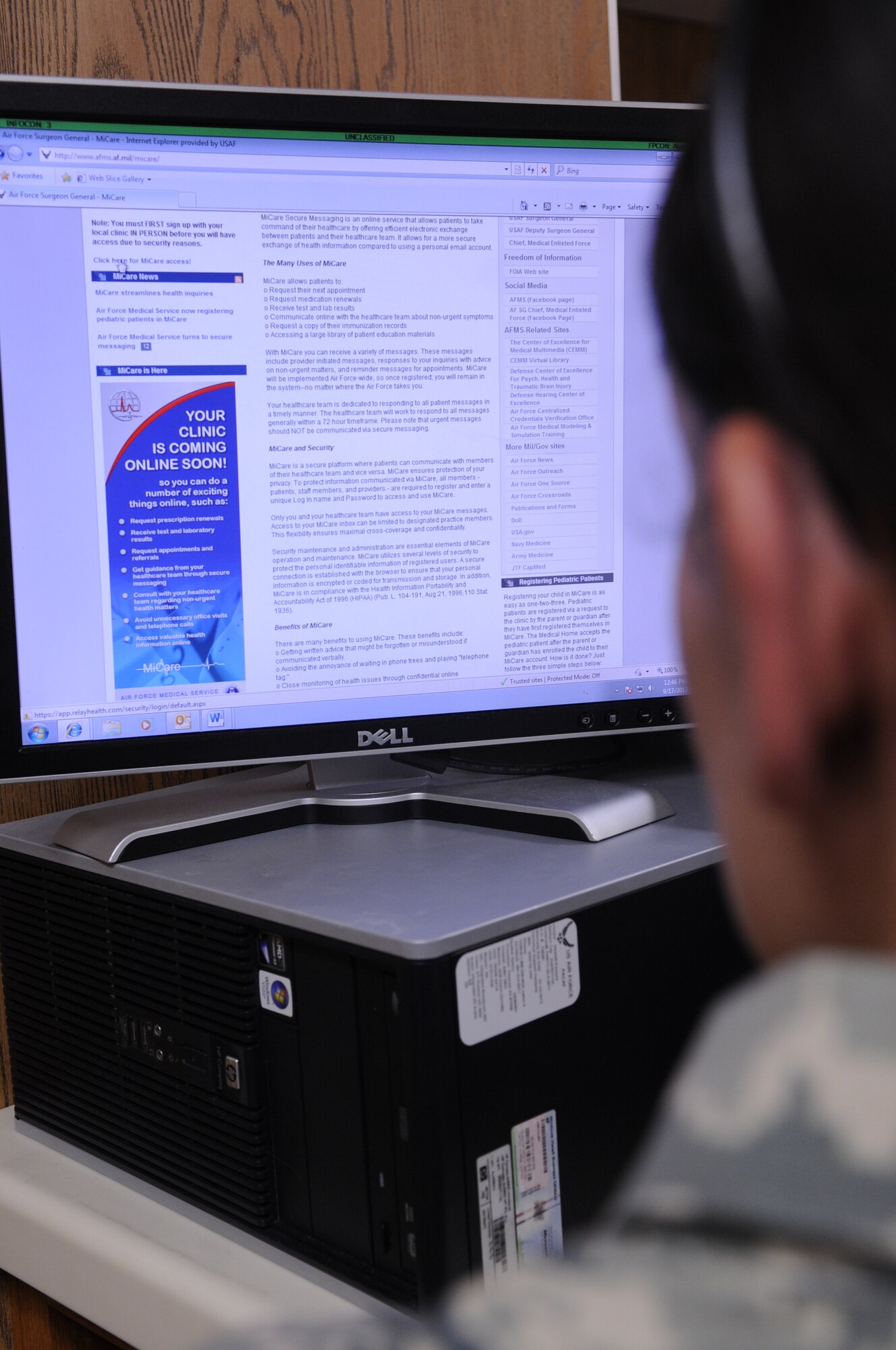 An Airman goes online to register for MiCare Secure Messaging on Kadena Air Base, Japan, Sept. 17, 2013, which will be implemented Oct. 1. MiCare allows patients to request medical appointments, receive test and lab results, renew medications and communicate online with their healthcare team about non-urgent symptoms. (U.S. Air Force photo by Senior Airman Marcus Morris)