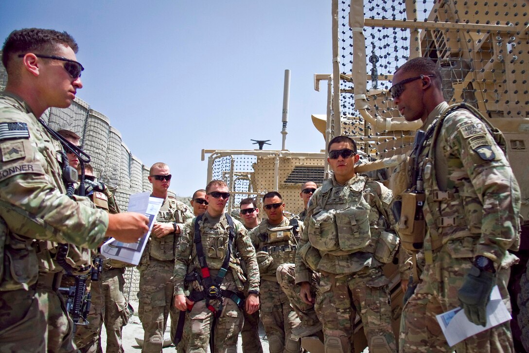 U.S. soldiers receive a mission brief before conducting a security mission for a bridge being built in Paktya province, Afghanistan, Aug. 31, 2013. The soldiers are assigned to the 101st Airborne Division's Company G, 1st Battalion, 506th Infantry Regiment, 4th Brigade Combat Team.