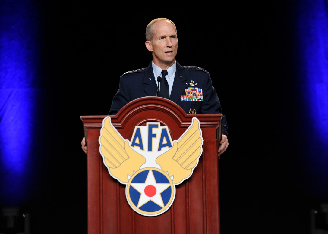 Gen. Mike Hostage addresses audience members during his “Combat Forces in the 2020’s” speech at the Air Force Association’s 2013 Air & Space Conference and Technology Exposition Sept. 17, 2013, in Washington, D.C. A majority of Hostage’s comments were focused around aircraft, though he stated that the most powerful resource is Airmen. Hostage is the Air Combat Command commander. (U.S Air Force photo/Airman 1st Class Nesha Humes)
