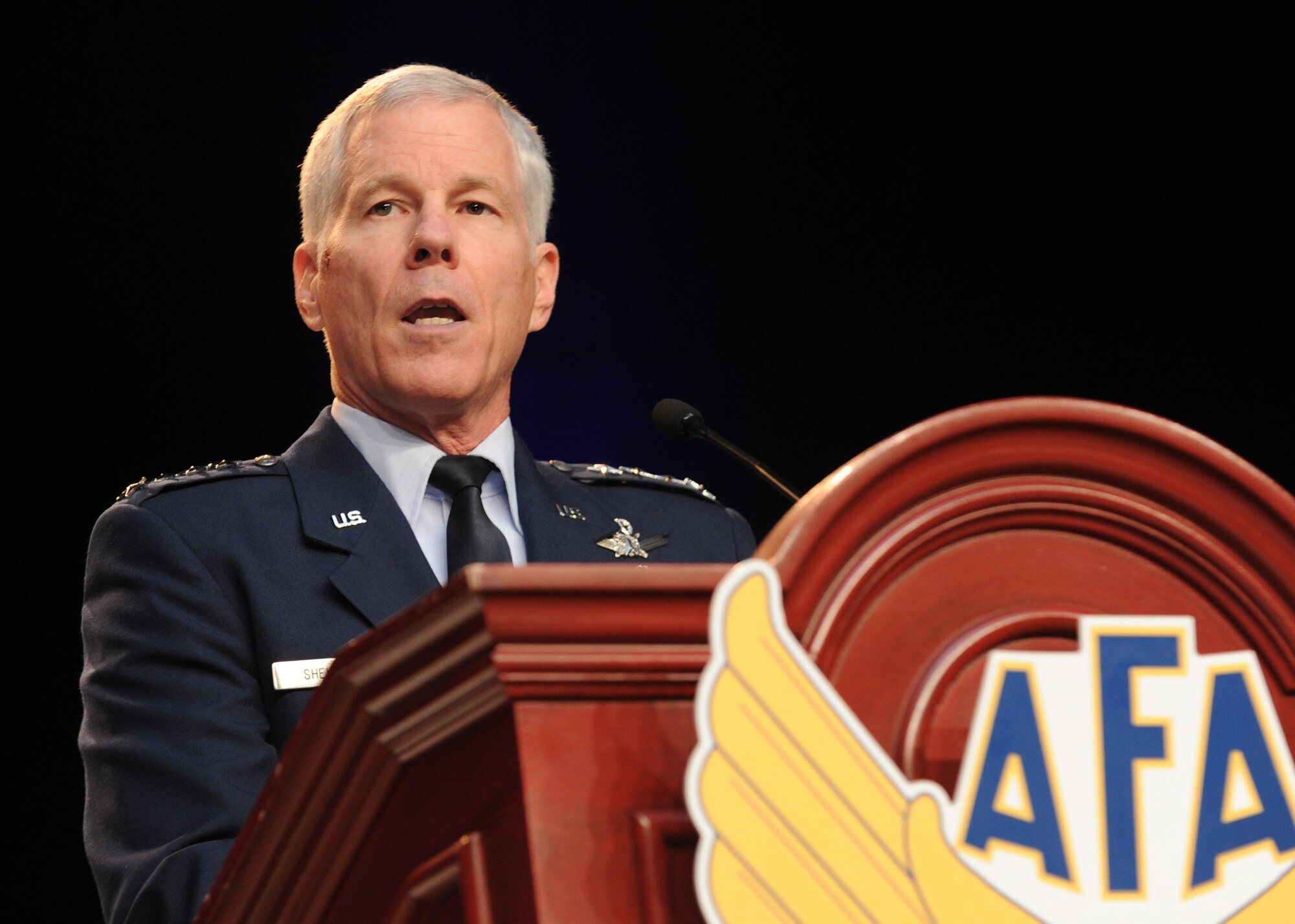 Gen. William L. Shelton addresses conference attendees Sept. 17, 2013, at the Air Force Association’s 2013 Air & Space Conference and Technology Exposition in Washington, D.C. Attendees will have the opportunity to dialogue about important national defense issues during workshops, forums, seminars and major addresses by senior Air Force senior leaders. Shelton is the commander of Air Force Space Command. (U.S. Air Force photo/Airman 1st Class Aaron Stout)