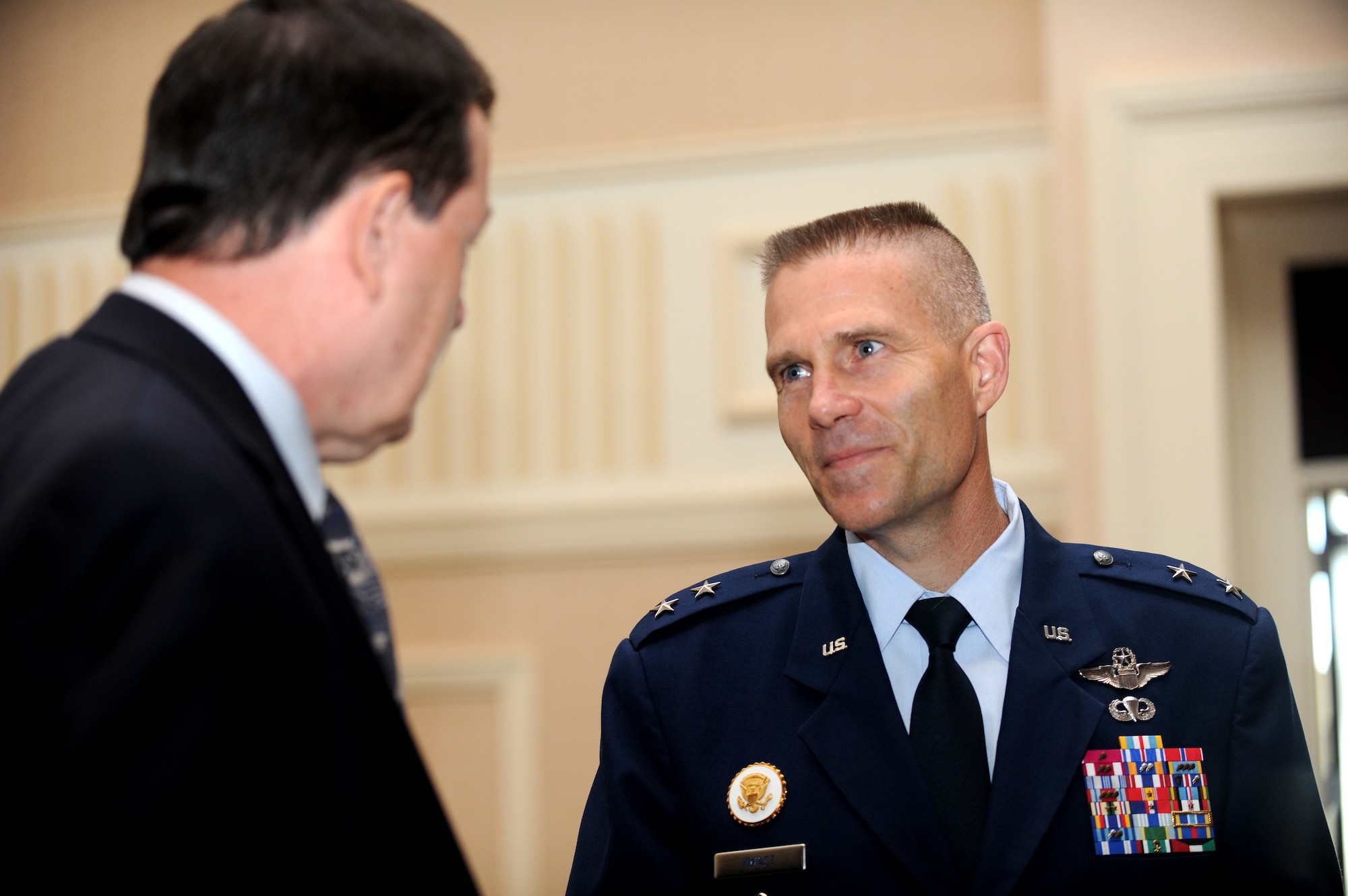 Maj. Gen. Steve Kwast talks to attendees of the Air Force Association’s 2013 Air & Space Conference and Technology Exposition after a panel on the quadrennial defense review Sept. 17, 2013, in Washington, D.C. The QDR reinforced the Air Force importance in emerging missions and strengthening the Air Force’s role in space and cyber operations. Kwast is the director of Air Force QDR. (U.S. Air Force photo/Airman 1st Class Aaron Stout)