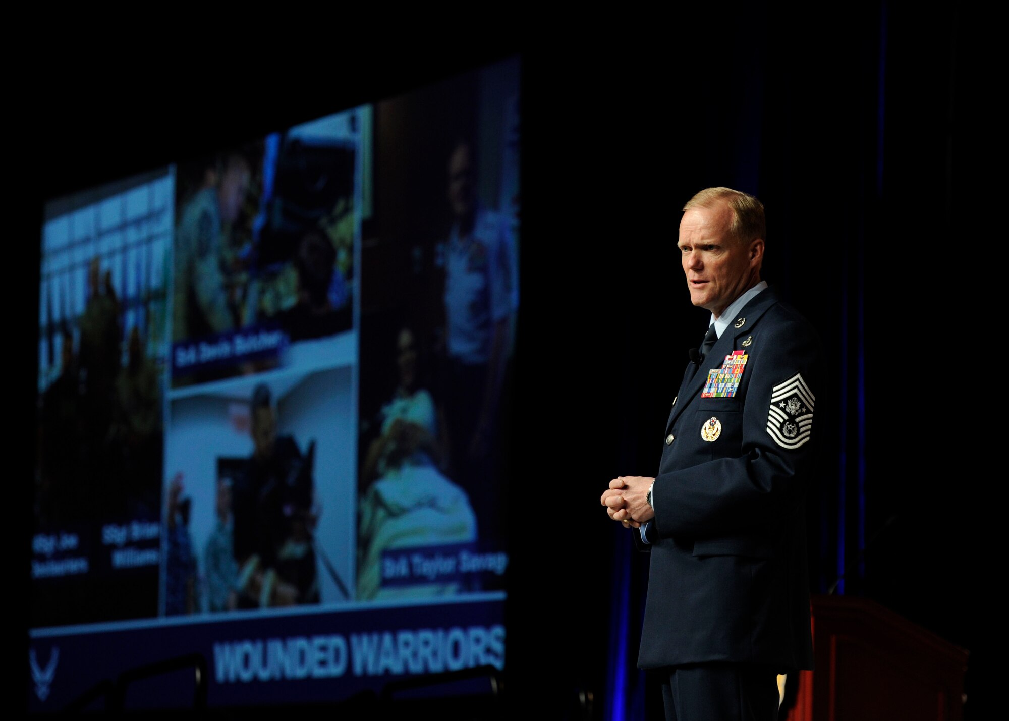 Chief Master Sgt. of the Air Force James A. Cody discusses Airmen development during his “Enlisted Perspective” speech at the Air Force Association’s 2013 Air & Space Conference and Technology Exposition Sept. 18, 2013, in Washington, D.C. Cody cited examples of Airmen who display the tenacity and dedication required to persevere through the fight. Cody’s role is to provide direction for the Air Force enlisted corps and represent their interests to those in all levels of government. (U.S Air Force photo/Airman 1st Class Nesha Humes)
