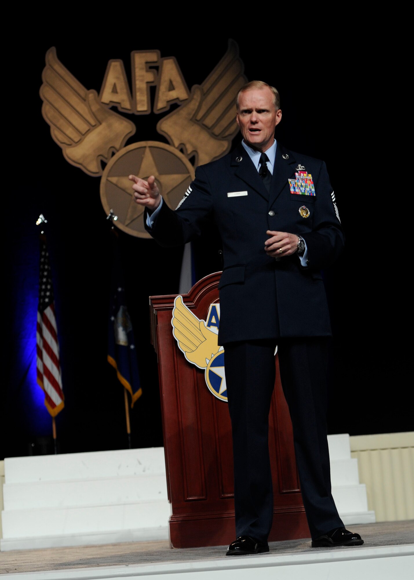 Chief Master Sgt. of the Air Force James A. Cody presents his enlisted perspective on developing Airmen at the Air Force Association’s 2013 Air & Space Conference and Technology Exposition Sept. 18, 2013, in Washington, D.C. Cody touched on the importance of face to face communication and resiliency. Cody’s role is to provide direction for the Air Force enlisted corps and represent their interests to those in all levels of government. (U.S Air Force photo/Airman 1st Class Nesha Humes)