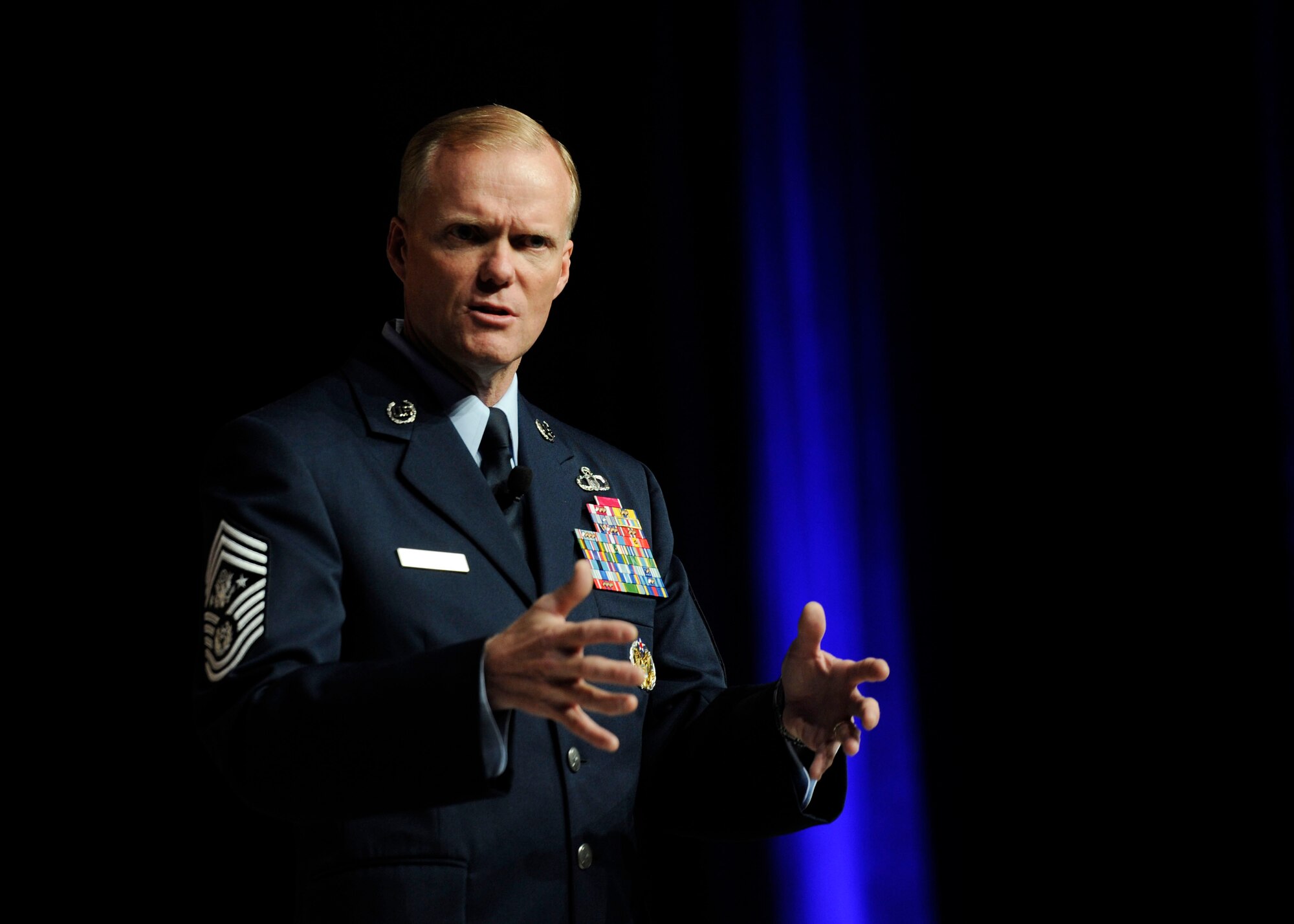 Chief Master Sgt. of the Air Force James A. Cody presents his enlisted perspective on developing Airmen at the Air Force Association’s 2013 Air & Space Conference and Technology Exposition Sept. 18, 2013, in Washington, D.C. Cody said creating a healthy work-life balance by encouraging ways to relieve stress and connect with each other is going to ensure the Air Force retains quality Airmen. Cody’s role is to provide direction for the Air Force enlisted corps and represent their interests to those in all levels of government. (U.S Air Force photo/Airman 1st Class Nesha Humes)
