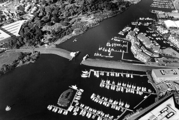 An aerial view of the Stamford Hurricane Protection Barrier, located in Stamford, Conn., on Stamford Harbor, about 20 miles southwest of Bridgeport. The barrier today provides protection to about 600 acres, which includes principal manufacturing plants, a portion of the main commercial district, and residential sections.