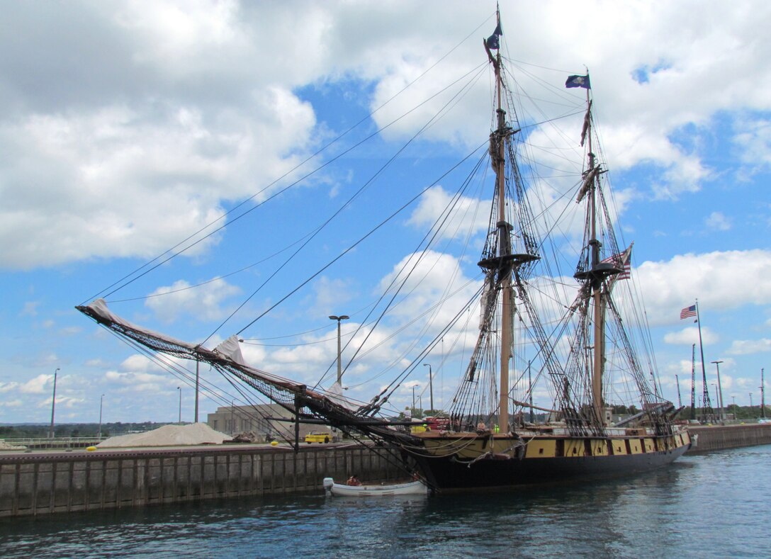 The US Brig Niagara was in the Poe Lock July 22, 2013 on its way to Duluth where it will be one of 10 vessels participating in "Tall Ships Duluth 2013: The Greatest Spectacle on Lake Superior."