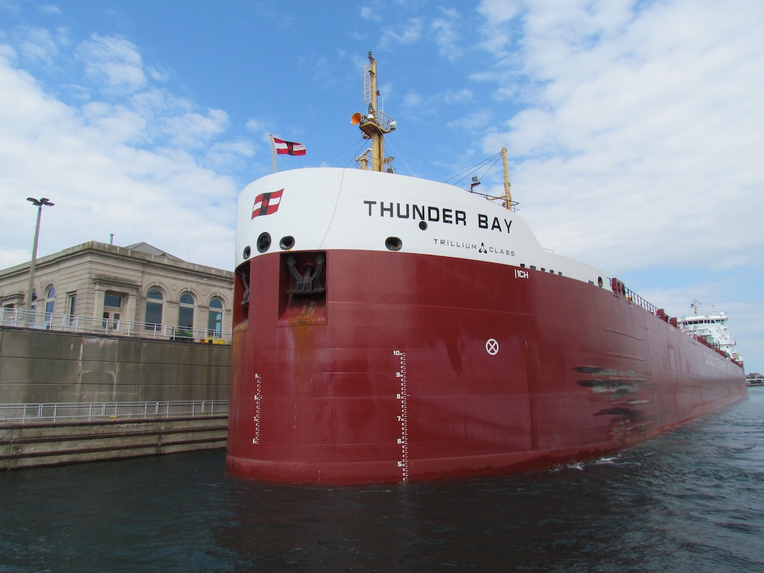 A view of the brand new Trillium Class vessel, Thunder Bay, owned and operated by Canadian Steamship Lines as she makes her way into the Poe Lock August 15, 2013. The Thunder Bay was making her first ever trip into Lake Superior on her way to Superior, Wisconsin.