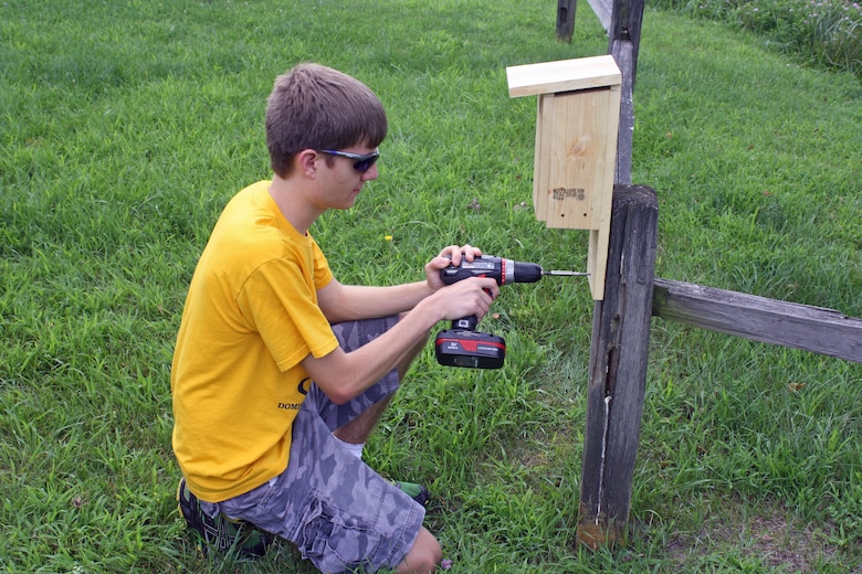 Life Scout Pierce Miller installs one of 30 bluebird boxes as part of his final Eagle Scout project at Jennings Randolph Lake, July 17. 