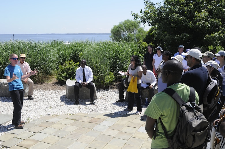 Megan Garrett, Maryland Environmental Service, provides an historic perspective to 22 international visitors at how the Poplar Island project developed as a partnership between the U.S. Army Corps of Engineers and the Maryland Port Authority. 