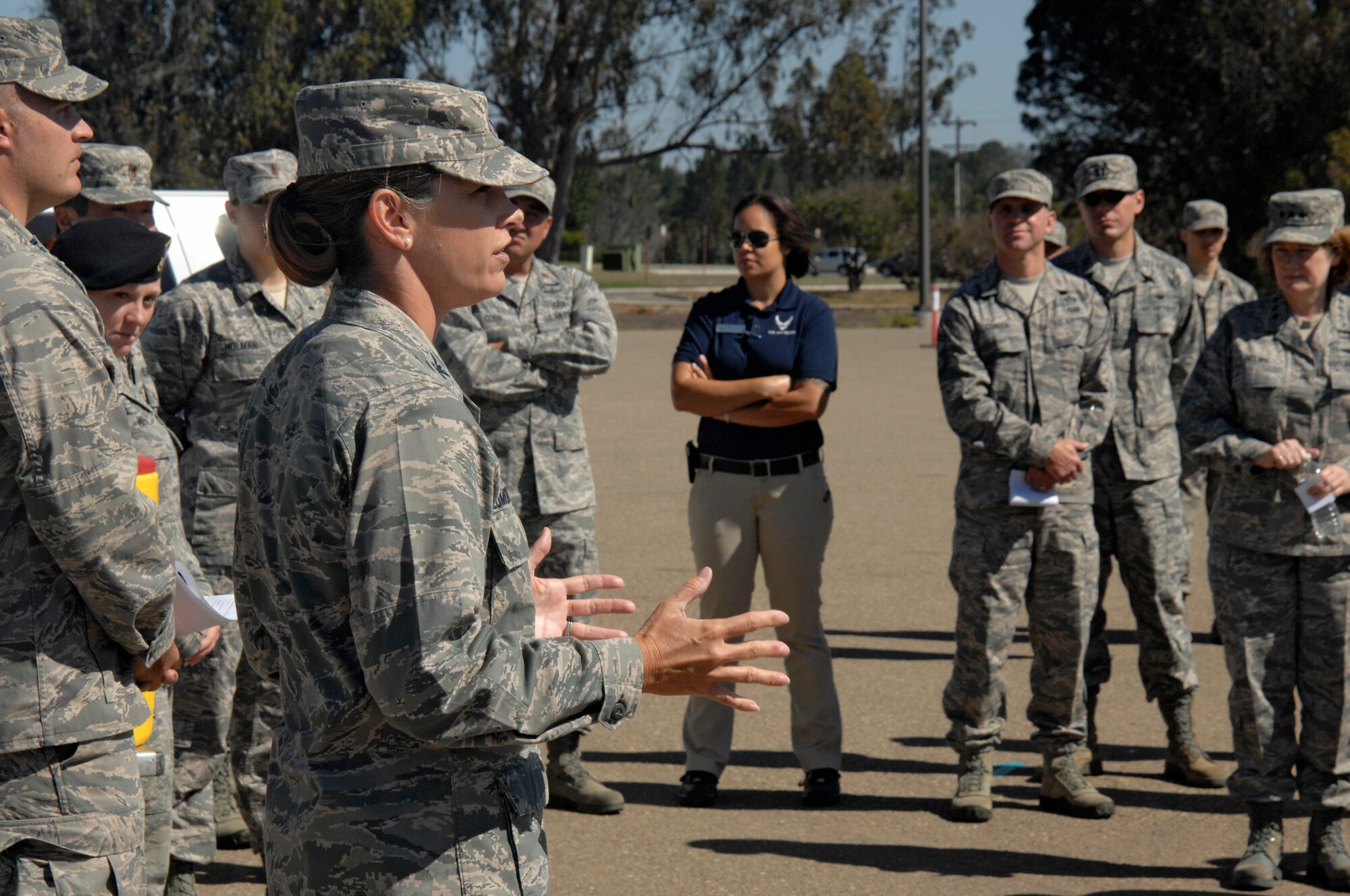 VANDENBERG AIR FORCE BASE, Calif. --  Col. Michele Edmondson, 381st Training Group commander, thanks teams from the 30th Launch Group, the 614th Air and Space Operations Center and 14th Air Force for their involvement in the "Get R.E.A.L. Walk" here Tuesday, Sept. 17. During the walk, which was hosted by the 381 TRG, Team V members were asked to change the culture and pledge their commitment to preventing sexual assaults through Respect, Equality, Accountability and Leadership. (U.S. Air Force photo/Michael Peterson)