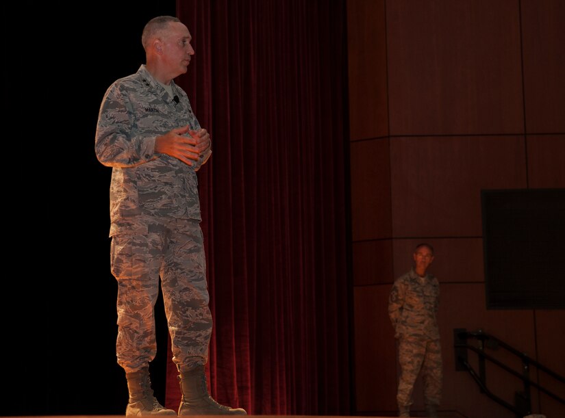 Maj. Gen. Frederick Martin, U.S. Air Force Expeditionary Center commander, speaks to 628th Air Base Wing personnel during his visit Sept. 17, 2013, at Joint Base Charleston, S.C. The commander's visit included tours of the Airman & Family readiness Center, the 628th Civil Engineer Squadron and Joint Base mission partners including the 841st Transportation Battalion, Army Strategic Logistics Activity - Charleston, Naval Consolidated Brig Charleston and Navy training units. (U.S. Air Force photo/Senior Airman Ashlee Galloway)