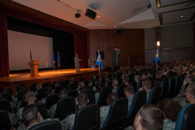 Maj. Gen. Frederick Martin, U.S. Air Force Expeditionary Center commander, speaks to 628th Air Base Wing personnel during his visit Sept. 17, 2013, at Joint Base Charleston, S.C. The commander's visit included tours of the Airman & Family readiness Center, the 628th Civil Engineer Squadron and Joint Base mission partners including the 841st Transportation Battalion, Army Strategic Logistics Activity - Charleston, Naval Consolidated Brig Charleston and Navy training units. (U.S. Air Force photo/Senior Airman Ashlee Galloway)