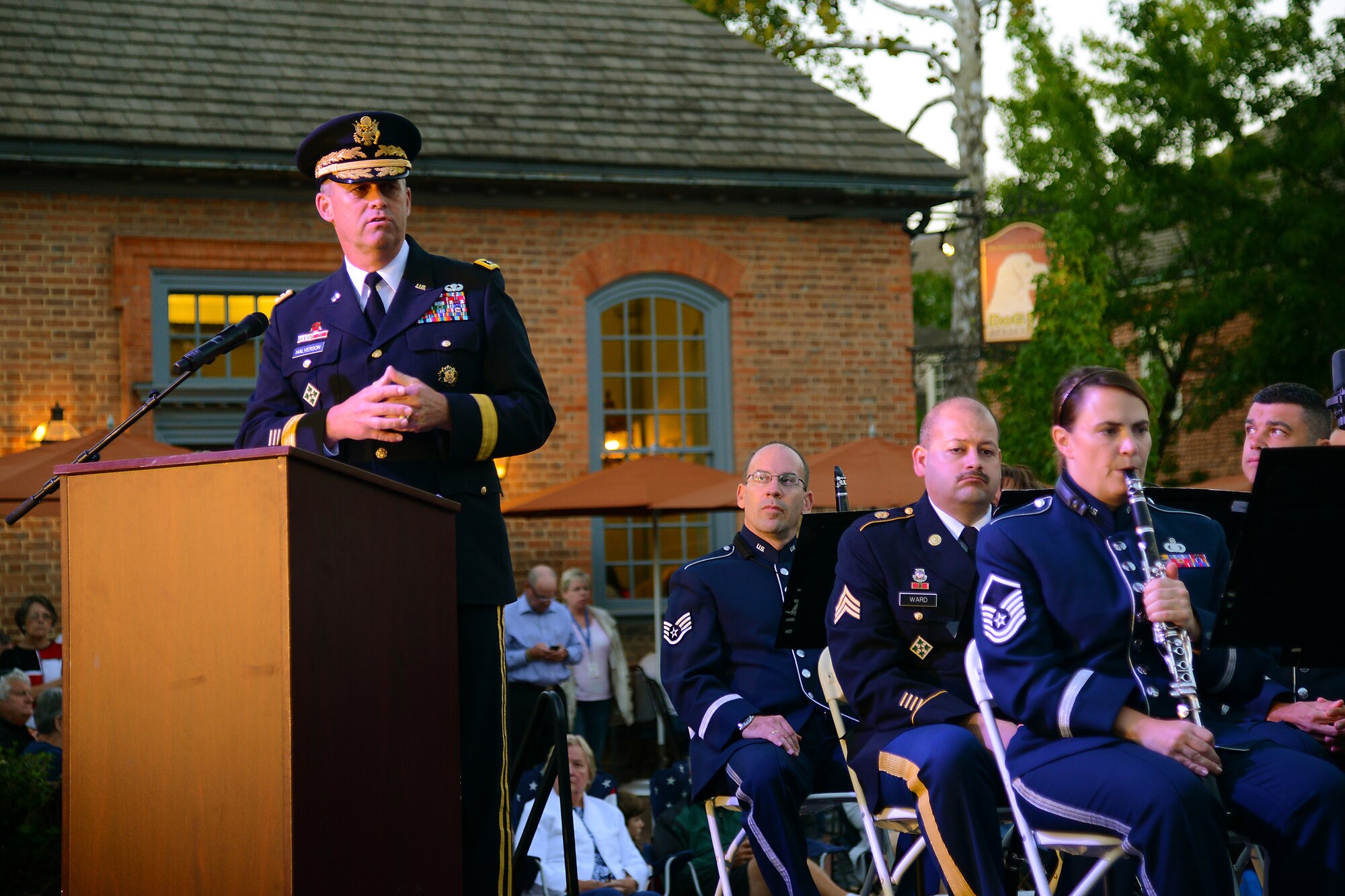 U.S. Army Lt. Gen. David D. Halverson, Training and Doctrine Command deputy commanding general, addresses the audience during the Constitution Day Concert in Williamsburg, Va., Sept. 17, 2013. Halverson led a moment of silence for those who lost their lives during the recent naval yard shootings before the night’s festivities.(U.S. Air Force photo by Airman 1st Class Victoria H. Taylor/ Released)
