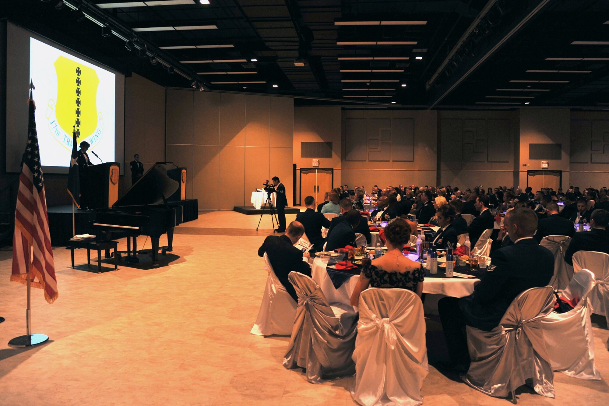 SAN ANGELO, Texas-- Col. Kimberlee Joos, 17th Training Wing commander, talks to the attendees of the Goodfellow Air Force Base annual Air Force Ball Sept. 13 at the McNease Convention Center. Goodfellow celebrated the Air Force’s 66th anniversary with the ball. (U.S. Air Force photo/Senior Airman Michael Smith)