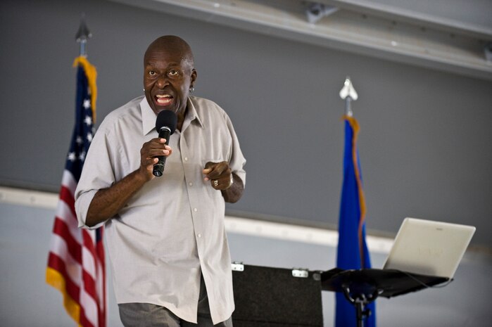 Leon C. Gilliam, formerly of The Platters, performs during Retiree Appreciation Day at the Thunderbirds Hangar Sept. 13, 2013, at Nellis Air Force Base, Nev. During his eight years in the military, Gilliam participated in Tops in Blue productions.  (U.S. Air Force photo by Airman 1st Class Jason Couillard)