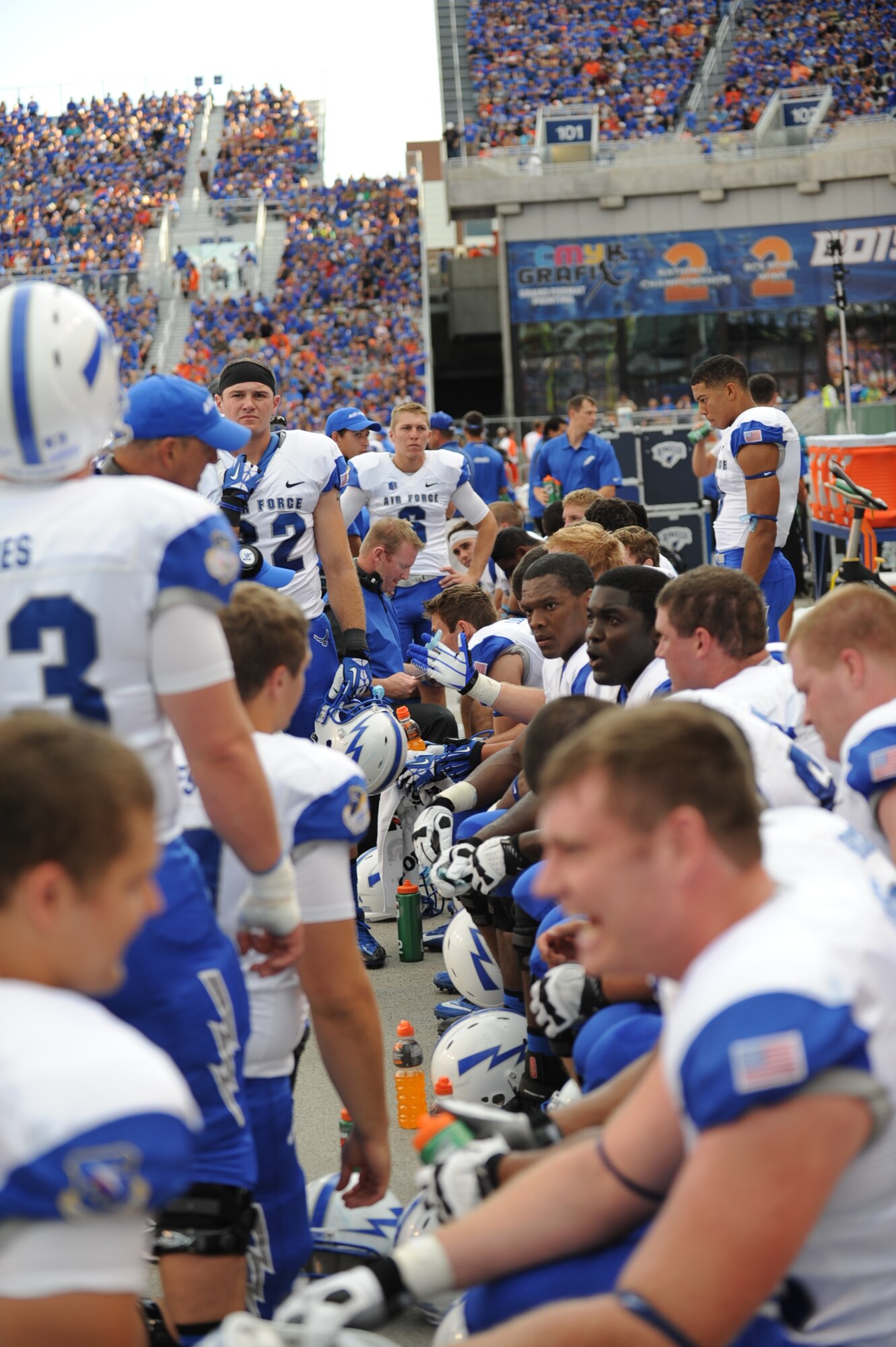 Air Force Academy players prepare for the game Sept. 13, 2013, inside Bronco Stadium in Boise, Idaho. Air Force rolled into the game ranked 18th in rushing in the Football Bowl Subdivision. (U.S. Air Force photo by Senior Airman Benjamin Sutton/Released) 