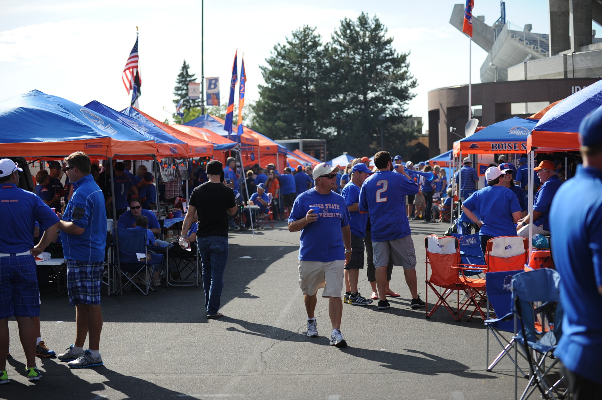 Boise State Broncos fans arrive early and start pre-game festivities in style outside Bronco Stadium Sept. 13, 2013, in Boise, Idaho. After a disappointing opening loss to Washington the Broncos have stampeded back and won their last two straight games. (U.S. Air Force photo by Senior Airman Benjamin Sutton/Released)