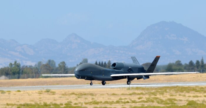 A RQ-4 Global Hawk prepares to take flight Sept. 17, 2013, at Beale Air Force Base, Calif. The Northrop Grumman Corp. announced the aircraft achieved 100,000 flight hours Sept. 5. (U.S. Air Force photo by Airman 1st Class Bobby Cummings/Released)