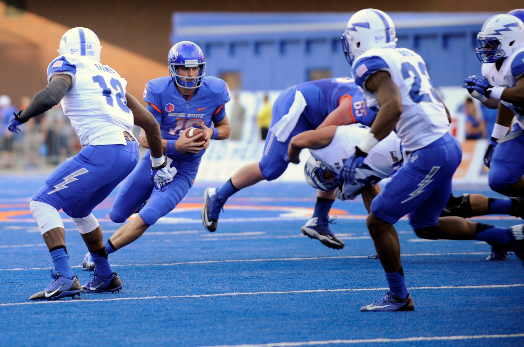 Joe Southwick runs with the footballball during the Boise State University versus Air Force Academy college football game Sept. 13, 2013, at Bronco Stadium in Boise, Idaho. Southwick completed 15-of-16 passes for 152 yards and a touchdown along with 21 rushing yards and another touchdown in the first half. (U.S. Air Force photo by Senior Airman Shane Phipps/Released)