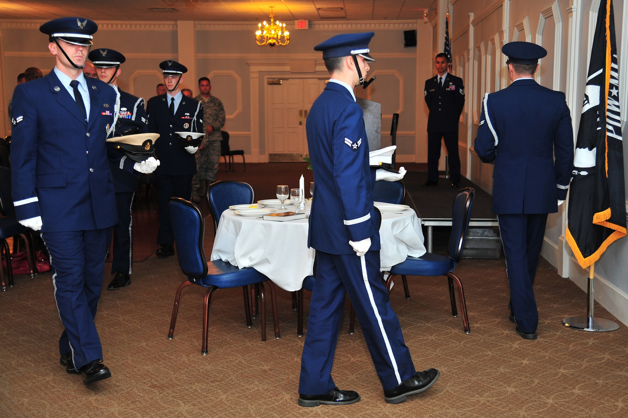 The American and Prisoner of War/Missing in Action (POW/MIA) flags wave over Seymour Johnson Air Force Base, N.C., Sept. 17, 2013. In honor of National POW/MIA Recognition Day, members of Team Seymour will participate in several events throughout the week to reflect on the lives of those who are unaccounted for or were once captured. (U.S. Air Force photo by Senior Airman Aubrey White/Released)