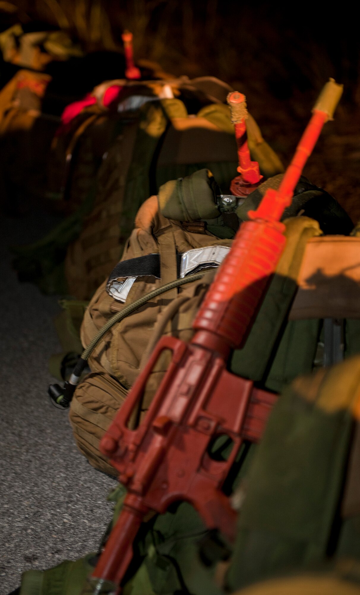 Special Tactics gear is lined up before a 12-mile ruck march in Fort Walton Beach, Fla., Sept. 13, 2013. The Special Tactics candidates had four hours to complete the ruck march, which is one of the final tests they must pass before graduating technical school. (U.S. Air Force photo/Senior Airman Krystal M. Garrett)