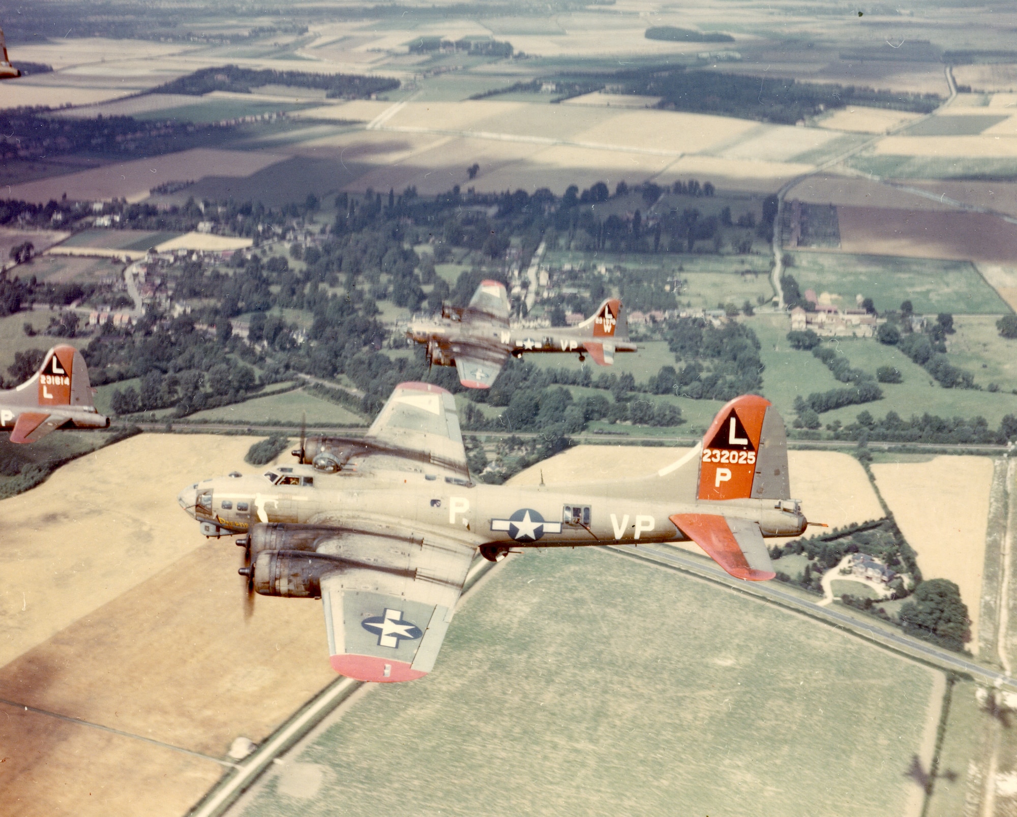 B-17G Flying Fortress, nickname "Dreambaby," assigned to the 533rd Bomb Squadron, 381st Bomb Group of the Eighth Air Force, in 1944 returns from a mission to Royal Air Force Station Ridgewell, England. (U.S. Air Force courtesy photo)
