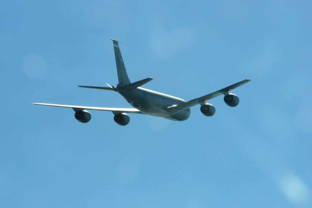 BIRMINGHAM, Ala. -- A KC-135R aircraft flies in five-ship formation flight here on Saturday. Four of the KC-135s refueled A-10 aircraft. The fifth KC-135R returned to base after the formation training was complete. A KC-135R from the 171st Air Refueling Wing in Pittsburgh, Pa. was flown in the formation and was used during the refueling mission. (U.S. Air National Guard photo by Tech. Sgt. Jon Roebuck/Released)