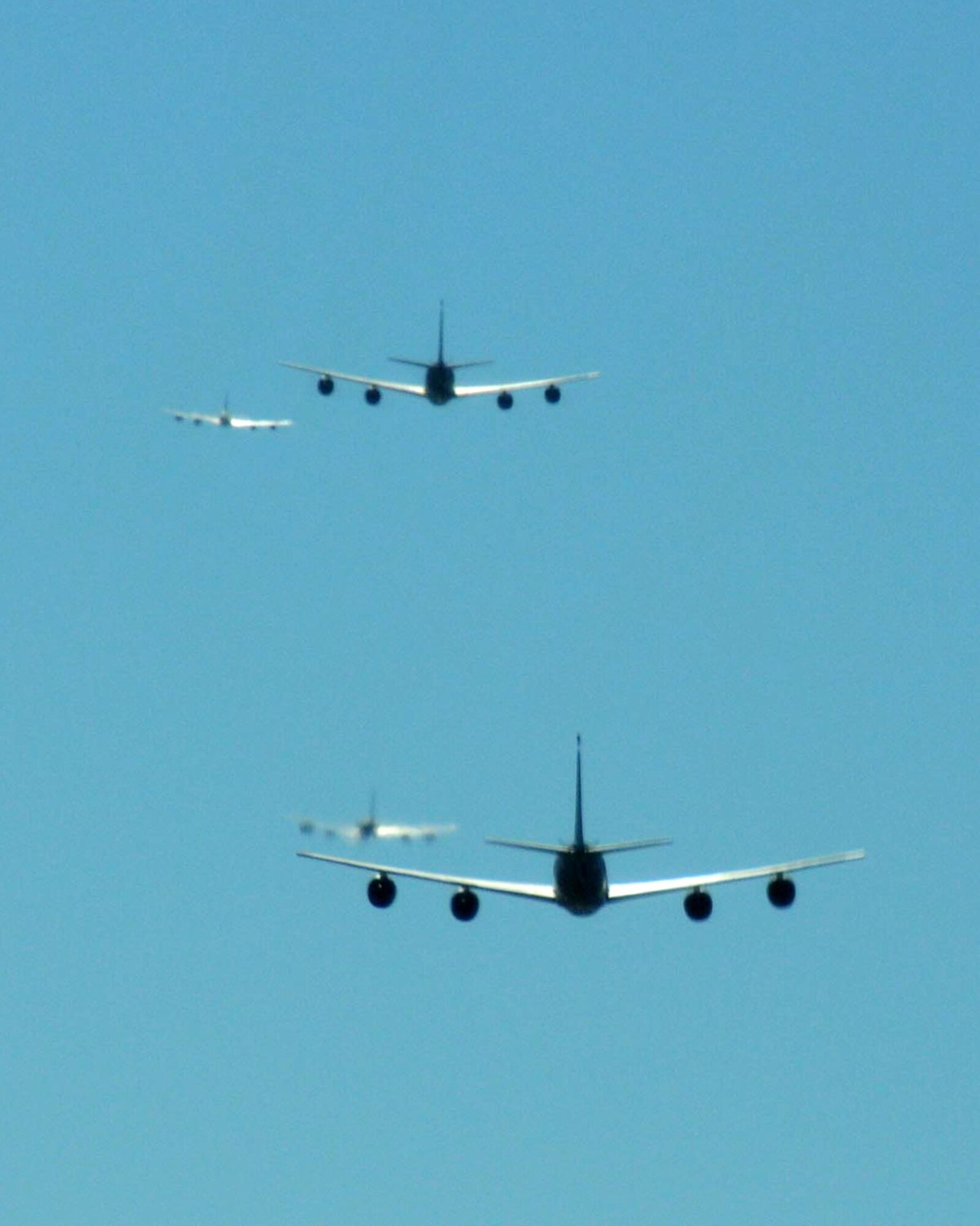 BIRMINGHAM, Ala. -- Four KC-135R aircraft fly in five-ship formation flight here on Saturday. The purpose of this mission was training. Four of the KC-135s refueled A-10 aircraft. The fifth KC-135R returned to base after the formation training was complete. A KC-135R from the 171st Air Refueling Wing in Pittsburgh, Pa. was flown in the formation and was used during the refueling mission. (U.S. Air National Guard photo by Tech. Sgt. Jon Roebuck/Released)