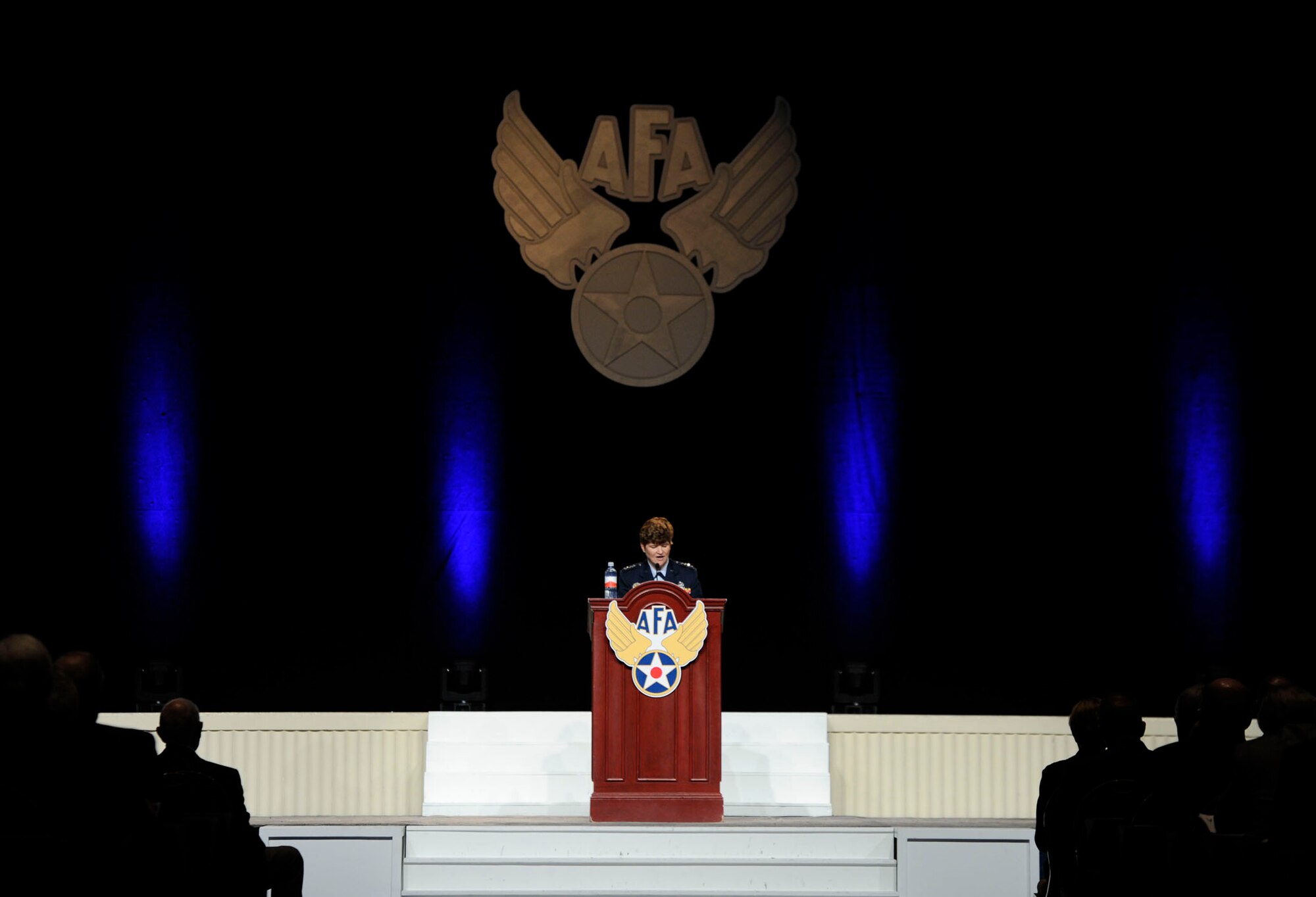 Gen. Janet C. Wolfenbarger addresses audience members during her “Sustaining the Air Force” speech at the 2013 Air & Space Conference and Technology Exposition, Sept. 16, 2013, in Washington, D.C. The 2013 Air & Space Conference is a professional development conference sponsored and conducted by Air Force Association in support of the total Air Force. Wolfenbarger is the commander of Air Force Materiel Command at Wright-Patterson Air Force Base, Ohio. (U.S Air Force photo/Airman 1st Class Nesha Humes) 