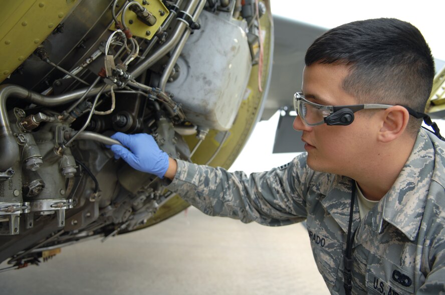 U.S. Air Force Senior Airman Gary Jurado, 100th Aircraft Maintenance Squadron aerospace propulsion journeyman from Coeur d’Alene, Idaho, performs an engine inspection on a KC-135 Stratotanker Sept. 13, 2013, on RAF Mildenhall, England. Jurado was selected for the spotlight for exhibiting the Air Force Core Value Service Before Self.