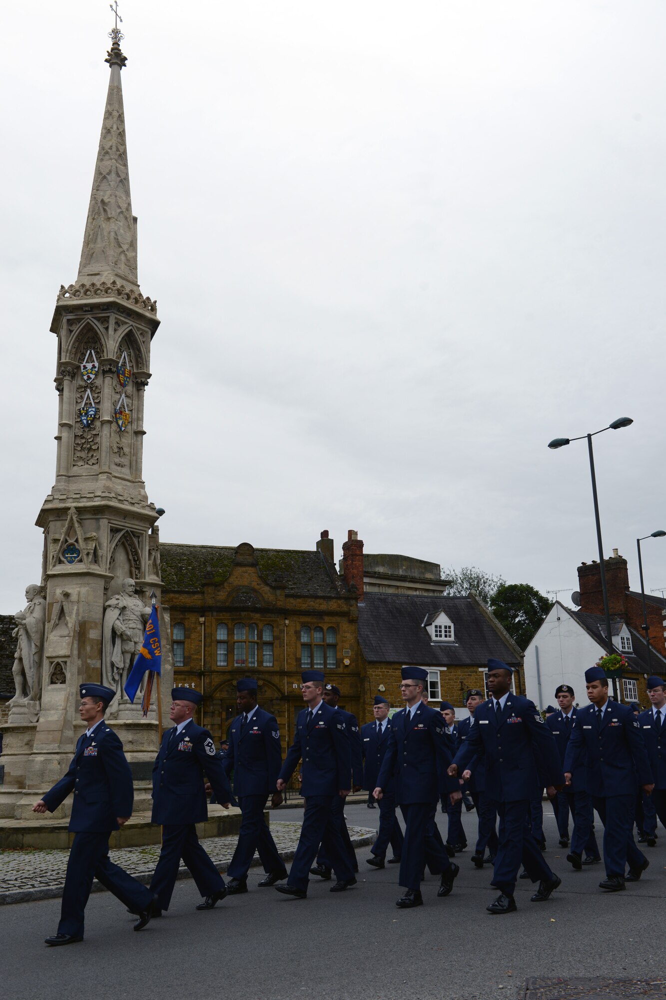 BANBURY, United Kingdom – Members of the 422nd Air Base Group march in formation during the annual Battle of Britain anniversary parade through the village of Banbury, United Kingdom, Sept. 15. The annual event pays tribute to servicemen who died in the Battle of Britain. (U.S. Air Force photo by Tech. Sgt. Chrissy Best)
