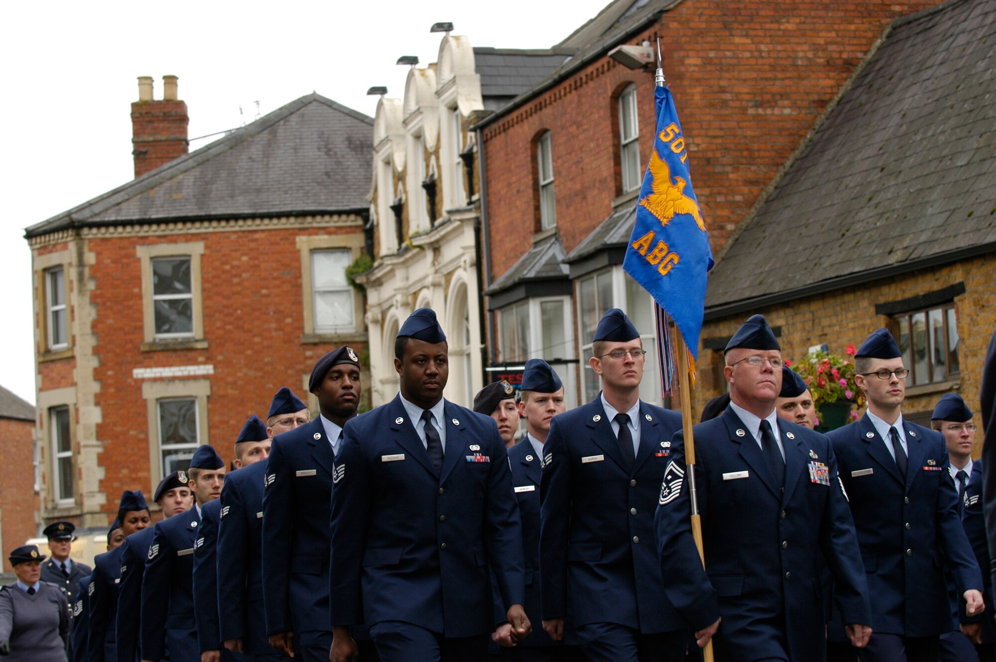 BANBURY, United Kingdom – Members of the 422nd Air Base Group march in formation during the annual Battle of Britain anniversary parade through the village of Banbury, United Kingdom, Sept. 15. The annual event pays tribute to servicemen who died in the Battle of Britain. (U.S. Air Force photo by Tech. Sgt. Chrissy Best)