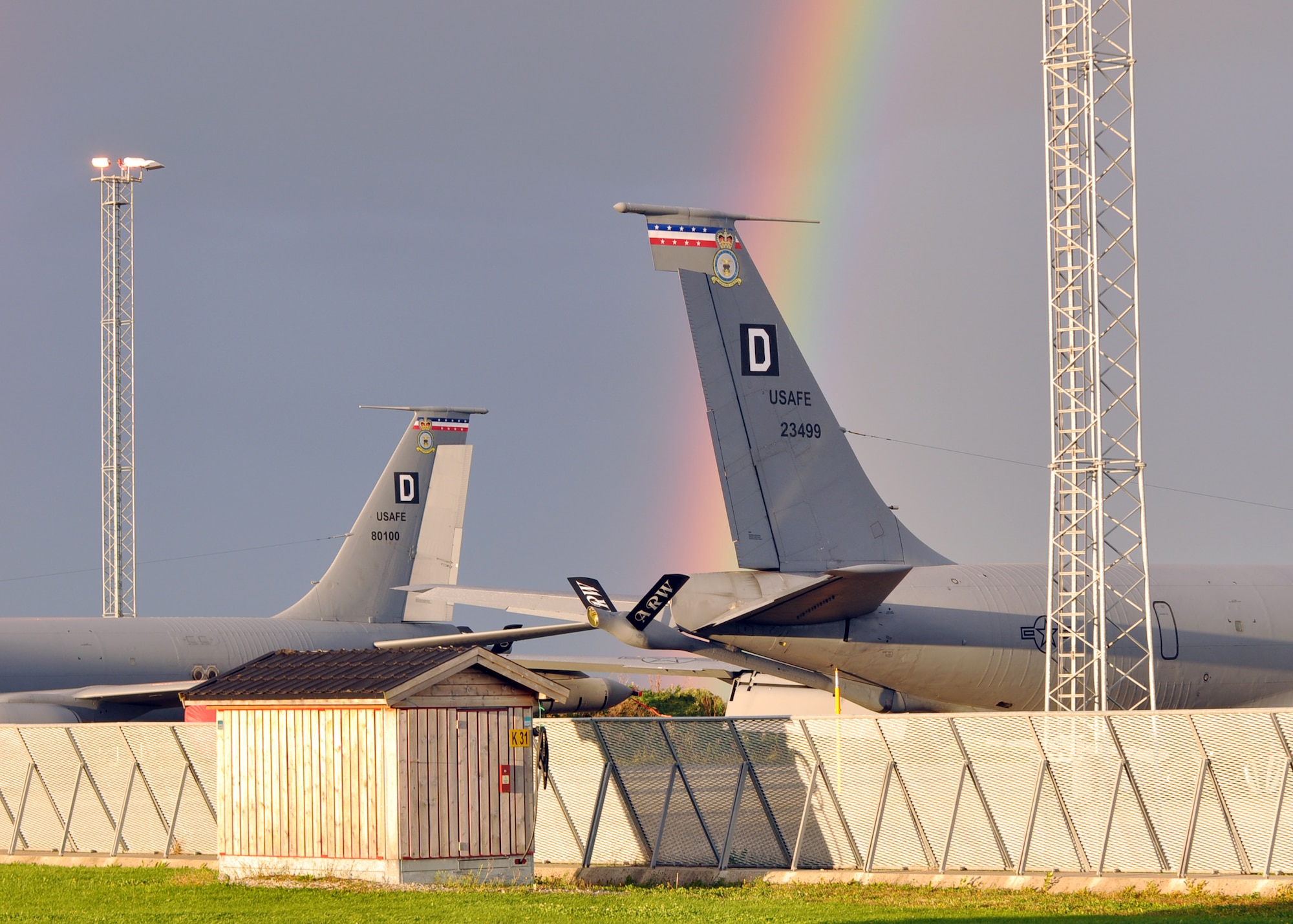 Two U.S. Air Force KC-135R Stratotankers sit on the flightline Sept. 16, 2013, at  Ørland Main Air Station, Norway, in support of the Arctic Challenge exercise. The aircraft provided aerial refueling support for the multi-national exercise, which often pitted two opposing “red” and “blue” teams against each other in various scenarios. (U.S. Air Force photo by 1st Lt. Christopher Mesnard/Released)