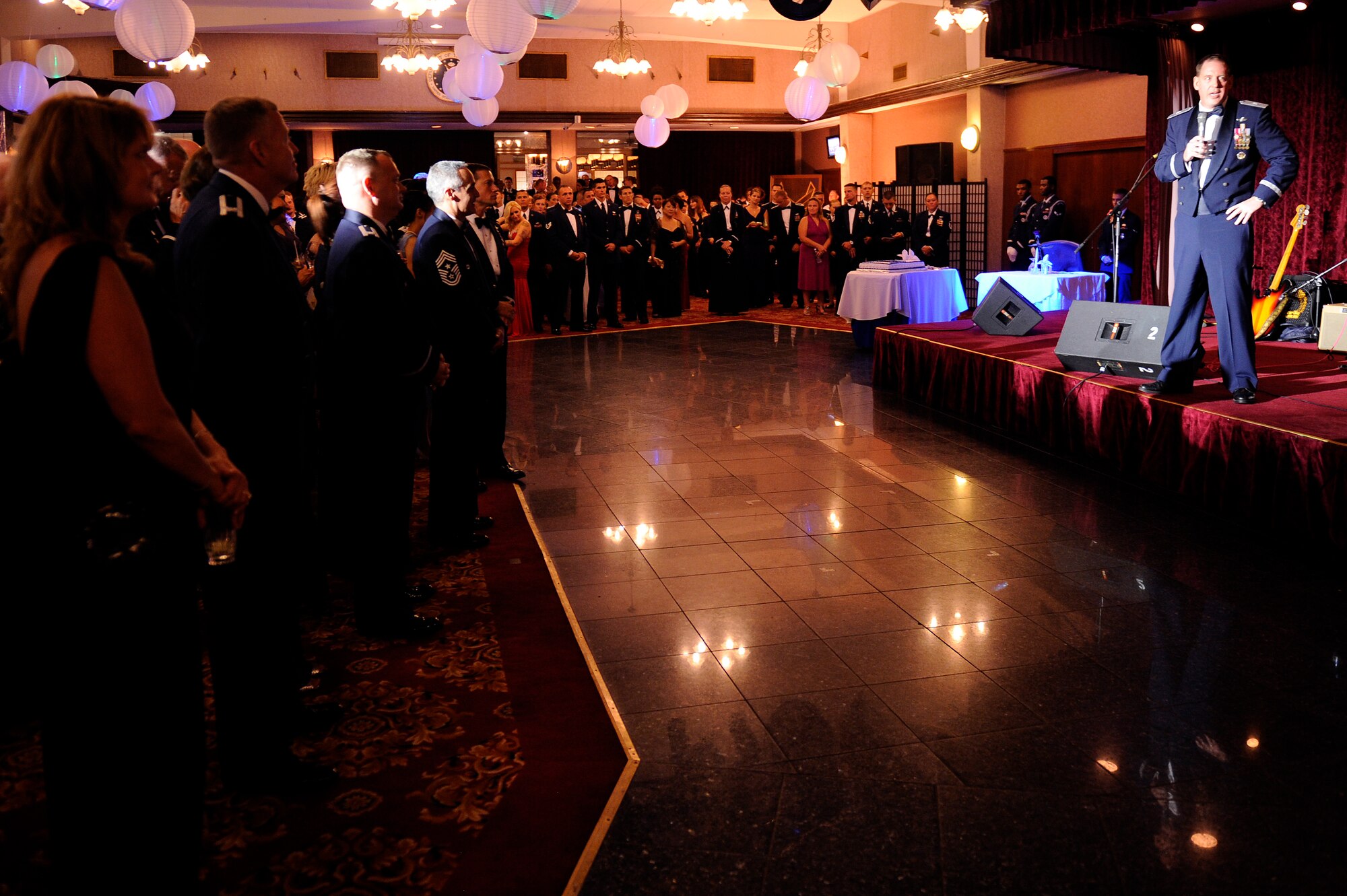 U.S. Air Force Brig. Gen. James Hecker, 18th Wing commander, gives a speech during the 2013 Air Force Ball on Kadena Air Base, Japan, Sept. 14, 2013. This year's theme, "Shaping Airpower with Innovation," honored the people and events that shaped the Air Force through creativity. (U.S. Air Force photo by Senior Airman Maeson L. Elleman)