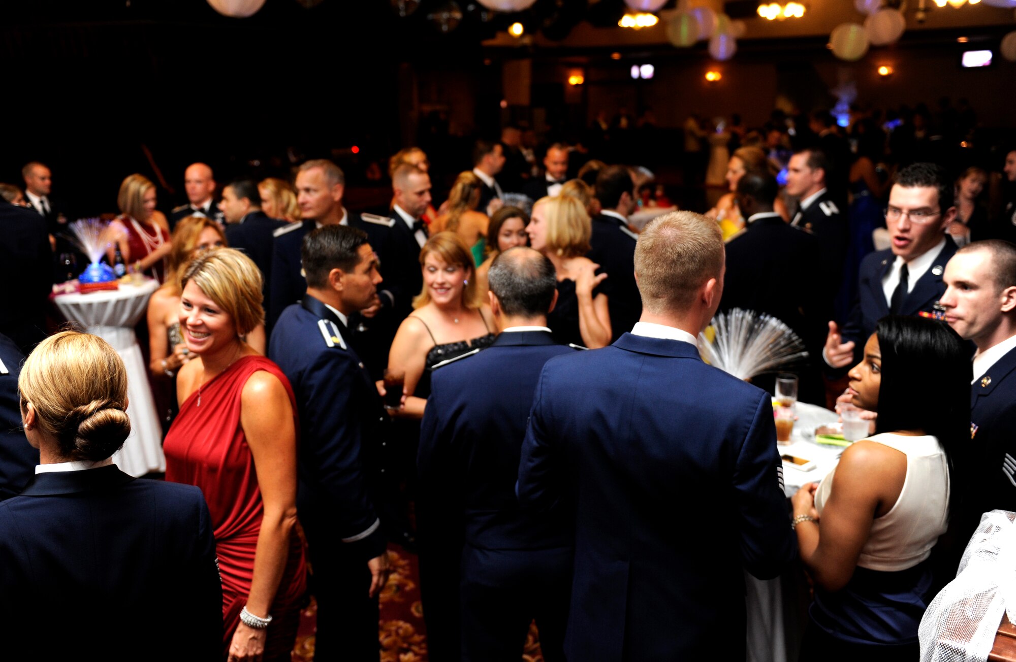 Members attending the 2013 Air Force Ball on Kadena Air Base, Japan, mingle during the event Sept. 14, 2013. This year's theme, "Shaping Airpower with Innovation," signified the 66th Anniversary of the U.S. Air Force. (U.S. Air Force photo by Senior Airman Maeson L. Elleman)
