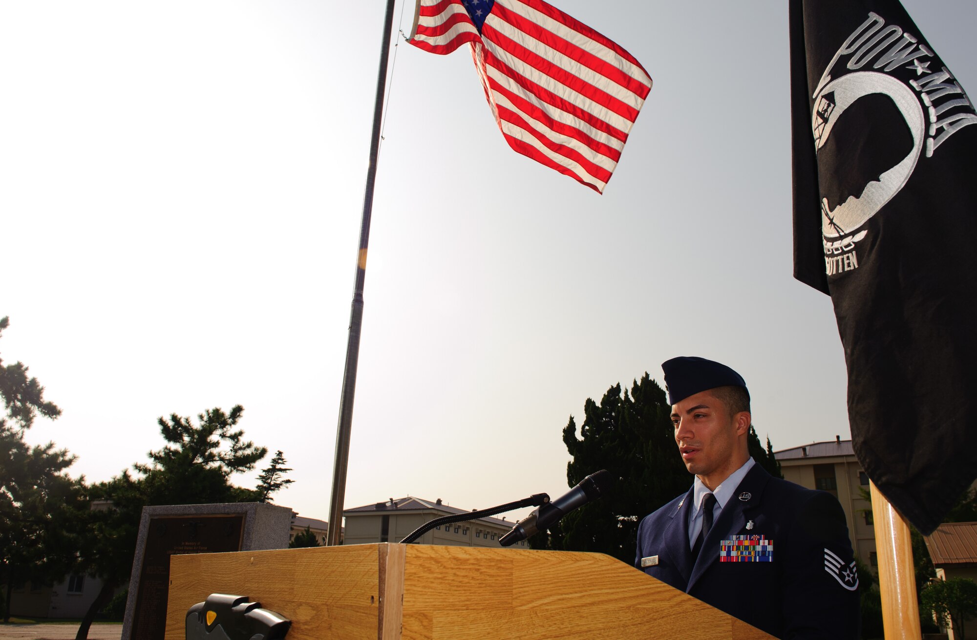 Staff Sgt. Michael Maldonado, 8th Medical Operations Squadron records and reception NCO in-charge, recites the names of POW/MIA service members at Kunsan Air Base, Republic of Korea, Sept. 18, 2013. Over 7,000 Korean War POW/MIA names were read during the vigil as a part of the 2013 POW/MIA week. (U.S. Air Force photo by Senior Airman Armando A. Schwier-Morales/ Released)