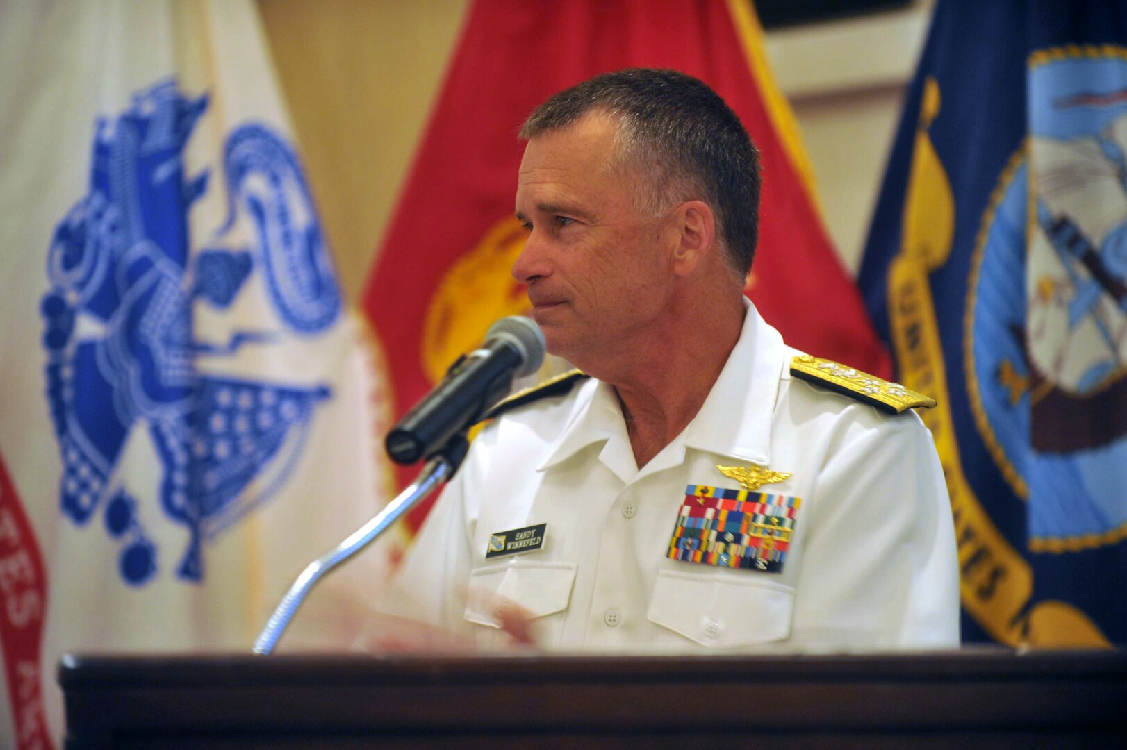 Navy Adm. James Winnefeld, vice chairman of the Joint Chiefs of Staff, addresses the 2013 Reserve Forces Policy Board dinner, in Arlington, Va., Sept. 4, 2013. The RFPB is a federal advisory committee established by statute within the Office of the Secretary of Defense that independently advises the secretary on strategies, policies and practices to improve and enhance the capabilities, efficiency and effectiveness of the reserve components.