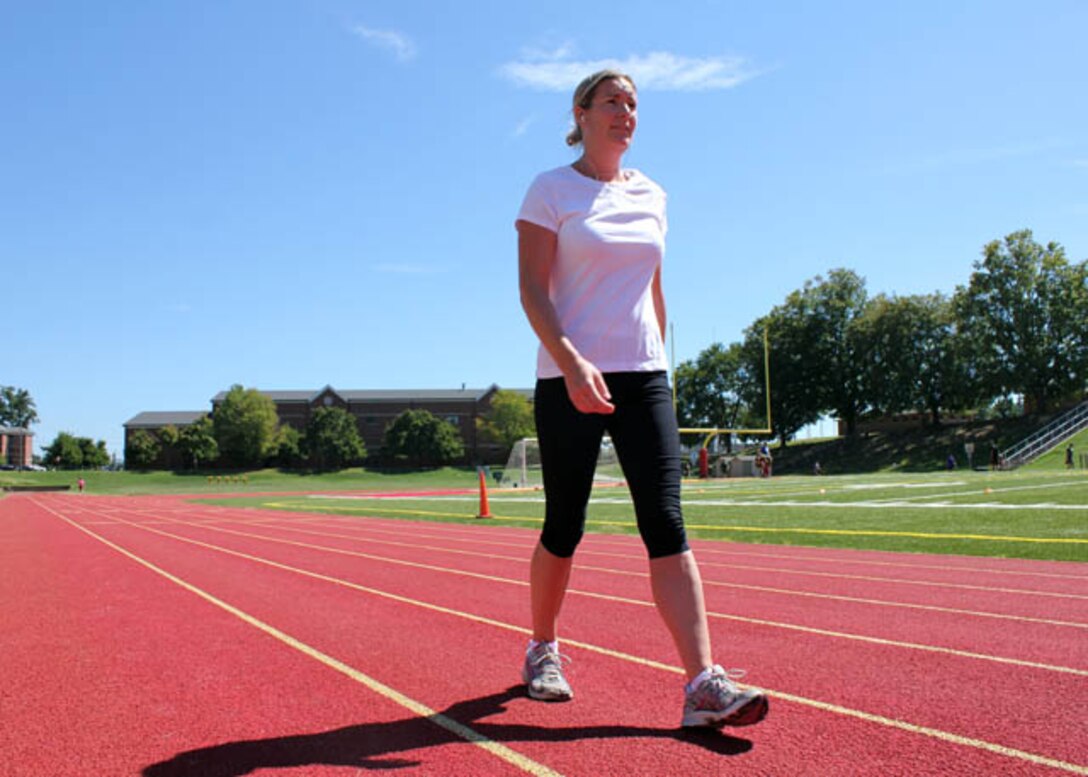 Annabelle Schmid, military spouse, walks around the track at Butler Stadium Sept. 4, 2013, aboard Marine Corps Base Quantico. 