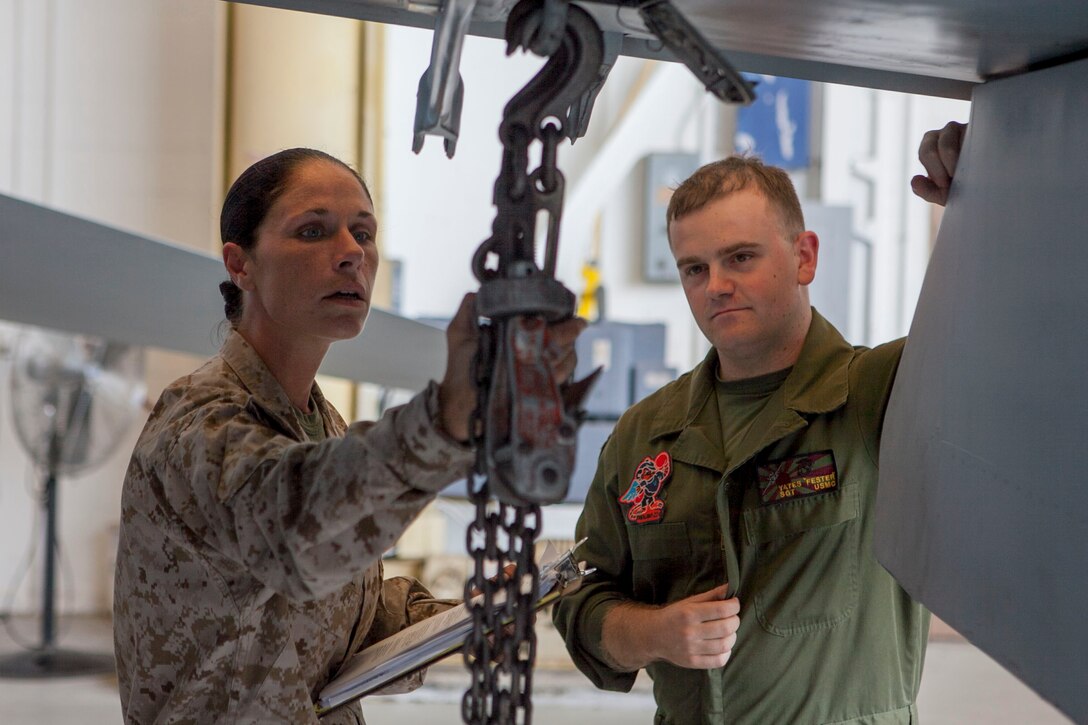 Staff Sgt. Christine Mendenhall, 2nd Marine Aircraft Wing refrigeration electrician mechanic inspector from Newark S.C., inspects chain lifts on the wing of an F/A-18 Hornet with Sgt. Tony Yates, Marine All-Weather Fighter Attack Squadron 224 hydraulic, pneumatic, structures mechanic from Covington Ky., during an Aviation Logistics Management Assist Team (ALMAT) evaluation aboard the Air Station Sept., 10. The squadron achieved an “on track” rating from the team of experts who examined and graded more than 40 programs within VMFA(AW) 224 and trained Marines on areas needing improvement. 