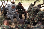 Texas Army National Guard Staff Sgt. Fabian Alban, Troop A, 3rd Squadron, 124th Cavalry Regiment, and a Tanzania People's Defense Force soldier exchange best practices at a crew-serve weapons seminar held July 2 to 13, 2012. The Texas National Guard members conducted various military-to-military training sessions in support of Combined Joint Task Force - Horn of Africa, whose mission is to build partnerships with nations in East Africa.