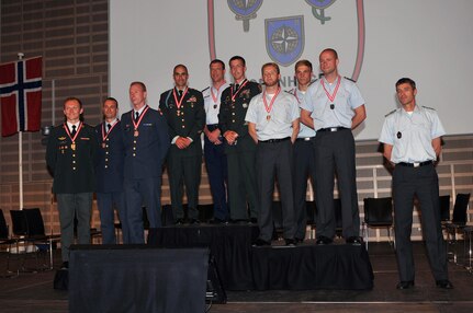 On the Gold Medal platform in the center, from the left, Pennsylvania National Guard Staff Sgt. Matthew Stern, Air Force Reserve Maj. Brendon Ritz and Pennsylvania National Guard Staff Sgt. Mark Jones pose with their Gold Medals for 1st Place in the Novice category Aug. 3, 2012. Ritz is an operations officer with the Pacific Command J3. Jones is an Infantry squad leader with Company B, 1st Battalion, 111th Infantry Regiment. Stern is a recruiter with the Pennsylvania National Guard Recruiting Command. The three were competitors with Team USA Military competing at the NATO Military Skills Pentathlon held in Hoevelte, Denmark.