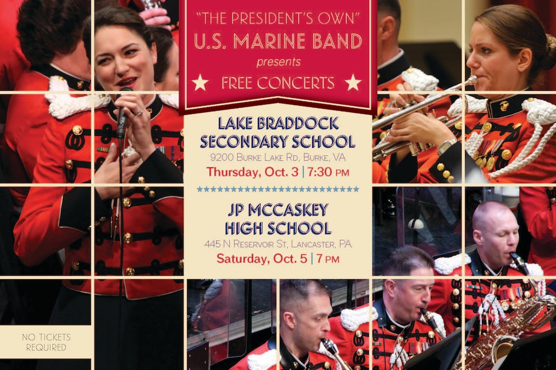 Conducted by Col. Michael J. Colburn, the Marine Band will offer programs of music for every audience member, from Sousa marches to the orchestral transcription of Alberto Ginastera’s Dances from Estancia and John Williams’ original fanfare written for “The President’s Own.” Other highlights include trumpet soloist Staff Sgt. Amy McCabe performing Bruce Broughton’s Excursions and mezzo-soprano Gunnery Sgt. Sara Dell’Omo singing “Seguidilla” from Georges Bizet’s Carmen. The concerts will conclude with an armed forces.