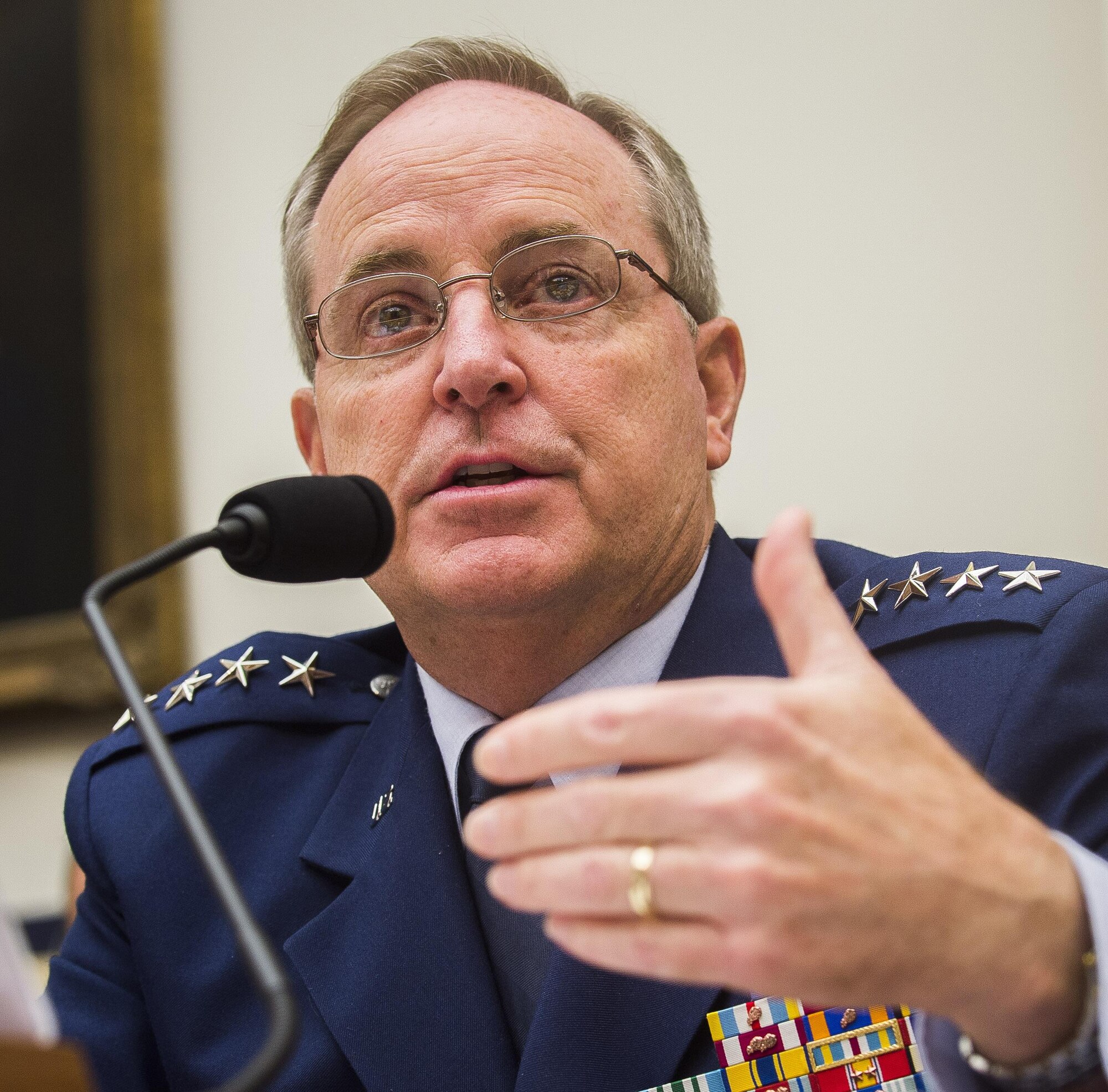 Air Force Chief of Staff Gen. Mark A. Welsh III answers a question about the ongoing and future impacts of sequestration  on the Air Force during a House Armed Services Committee hearing, Sept. 18, 2013, Washington, D.C. Among other concerns, Welsh emphasized the danger of having to choose between a ready force today, or a modern force tomorrow. 