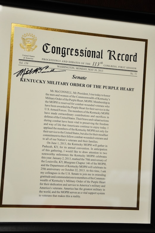 Congressional Record read by Kentucky Senator Mitch McConnell on May 20, 2013 recognizing the 25th Anniversary of the Military Order of the Purple Heart. 