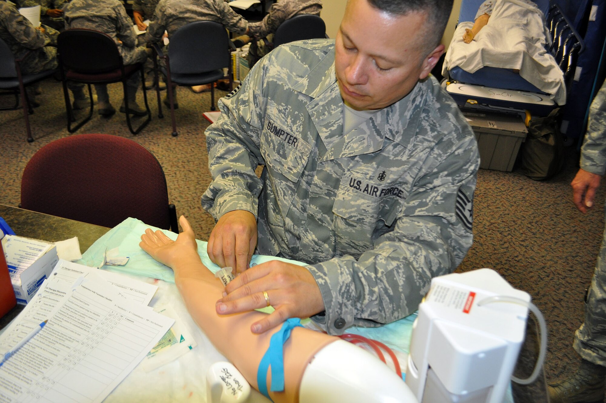 TRAVIS AIR FORCE BASE, Calif. -- During the Sept. 7 and 8 “Super” unit training assembly weekend for the 349th Air Mobility Wing, Reserve doctors, nurses, and medical technicians, were able to use the center to train on procedures and skills they use less often. (U.S. Air Force photo/Ellen Hatfield)