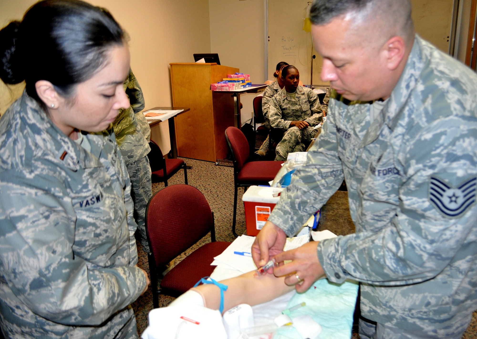 TRAVIS AIR FORCE BASE, Calif. -- During the Sept. 7 and 8 “Super” unit training assembly weekend for the 349th Air Mobility Wing, Reserve doctors, nurses, and medical technicians, were able to use the center to train on procedures and skills they use less often. (U.S. Air Force photo/Ellen Hatfield)