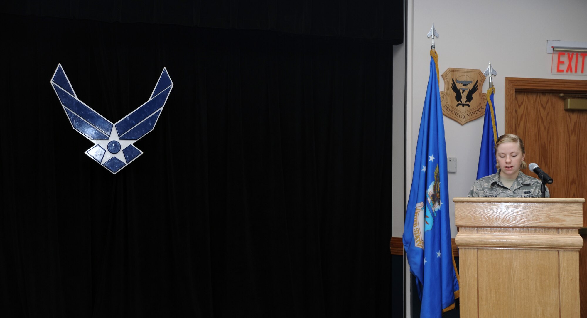 U.S. Air Force Airman 1st Class Amanda Grantham, 509th Operations Support Squadron combat crew communication technician, reads from the U.S. Constitution during a ceremony, Sept. 17, 2013, at Whiteman Air Force Base, Mo. On this day 226 years ago, delegations from the Federal Convention finally signed the document after months of debating and refining. (U.S. Air Force photo by Staff Sgt. Brigitte N. Brantley/Released)