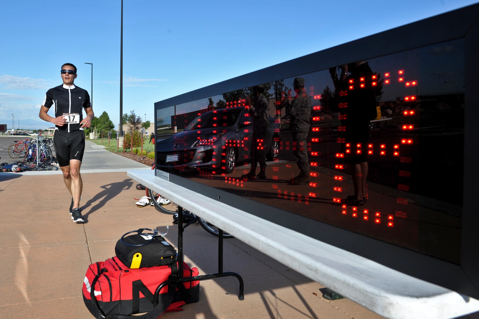 Genaro Diaz, 566th Intelligence Squadron, finishes the 2nd Annual Buckley Duathlon Sept. 19, 2013, on Buckley Air Force Base, Colo. Genaro was the winner of the race with a time of 42:12. (U.S. Air Force photo by Airman 1st Class Riley Johnson/Released)